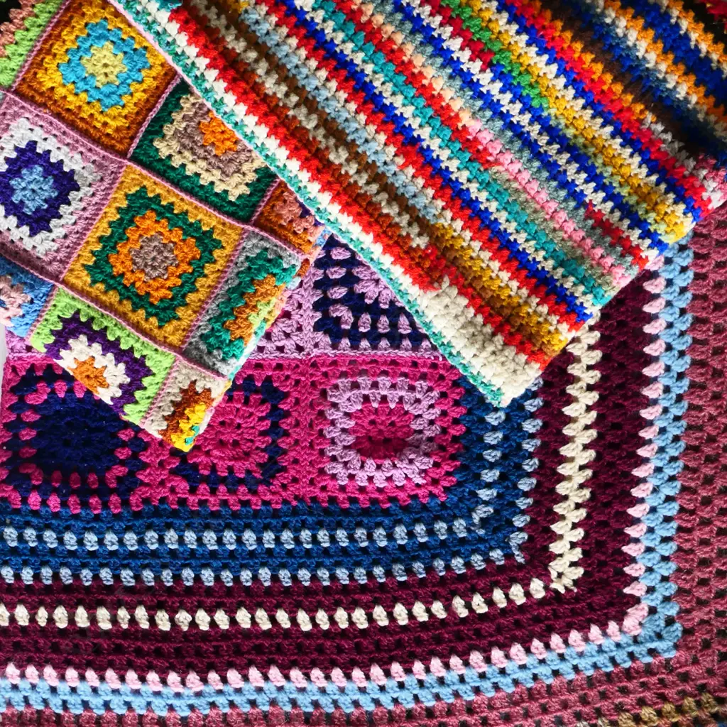 Three crocheted 'granny square' woollen blankets, Image 1++